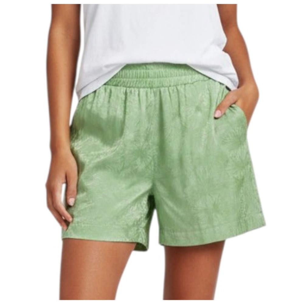 S'EDGE Sedge GREEN PALM PRINT SATIN SHORTS Jacquard Design PULL-ON Pockets S